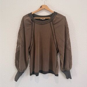 Gimmicks brown lace trim puff crewneck sleeve sweater top Womens XS